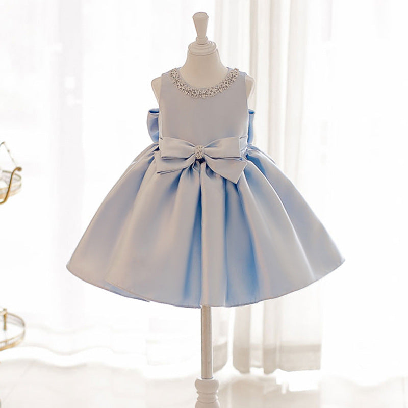Blue Princess Flower Girl Dress with Elegant Bow Back