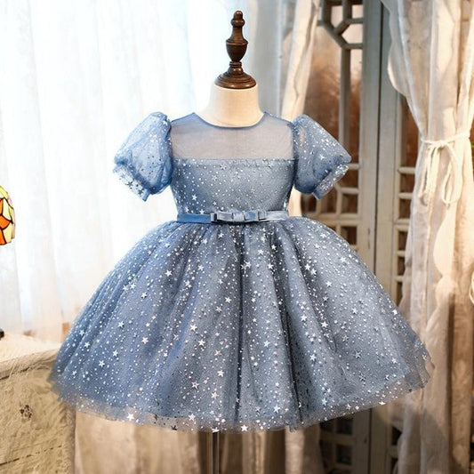 Blue Princess Flower Girl Dress with Sequins and Lantern Sleeves