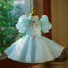 Blue Princess Knee Length Dress with Illusion Neckline and Sequin Embellishments