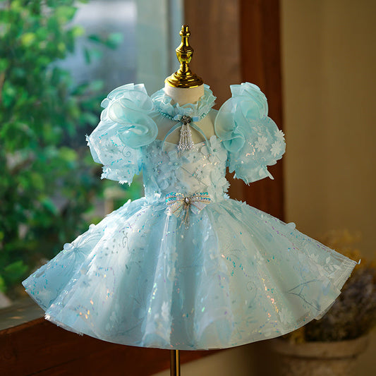Blue Princess Tulle Dress for Girls with Sequins, Illusion Neckline & Puff Sleeves