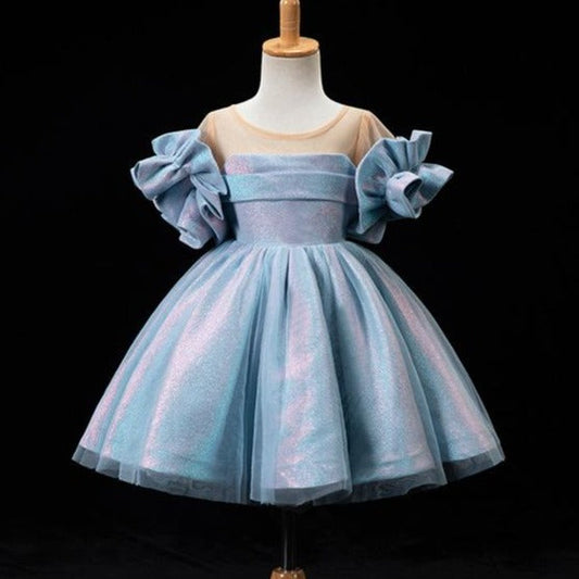Blue Princess Polyester Flower Girl Dress with Ruffles