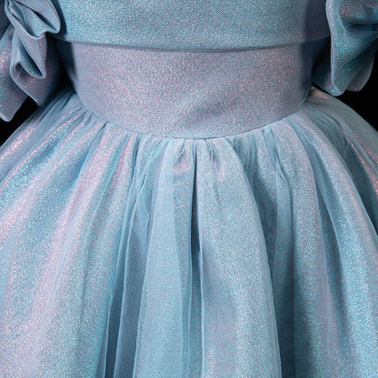 Blue Princess Polyester Flower Girl Dress with Ruffles