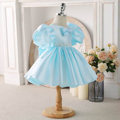Blue Princess Satin Puff Sleeve Flower Girl Dress