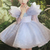 Blue Princess Satin Puff Sleeve Flower Girl Dress