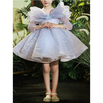 Blue Princess Satin Puff Sleeve Flower Girl Dress