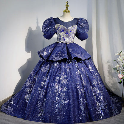 Blue Princess Sequined Flower Girl Dress with Puff Sleeves