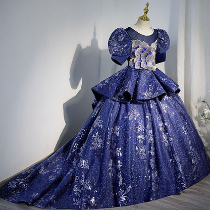 Blue Princess Sequined Flower Girl Dress with Puff Sleeves