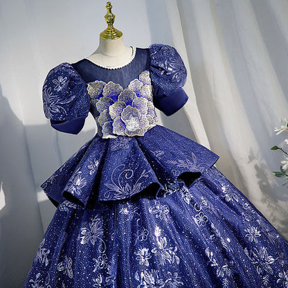 Blue Princess Sequined Flower Girl Dress with Puff Sleeves