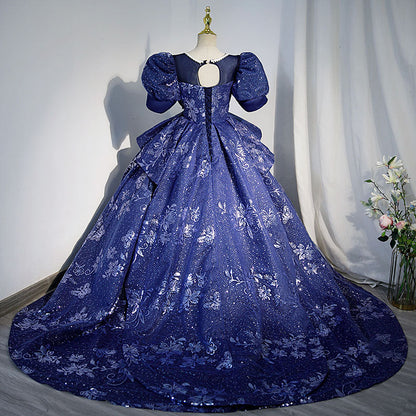 Blue Princess Sequined Flower Girl Dress with Puff Sleeves