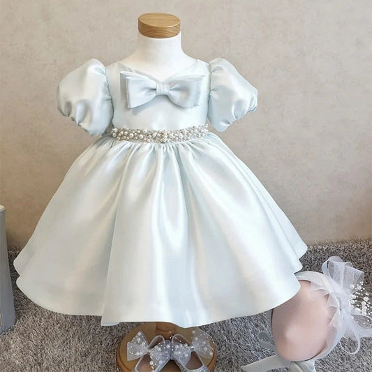 Blue Princess Tea-Length Flower Girl Dress with Beaded Bow