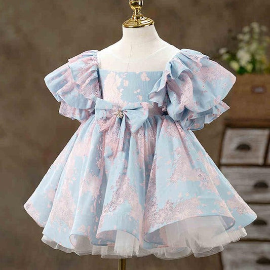 Blue Princess Tea-Length Flower Girl Dress with Puff Sleeves
