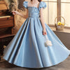 Blue Satin A-Line Flower Girl Dress Ruffle Puff Sleeve