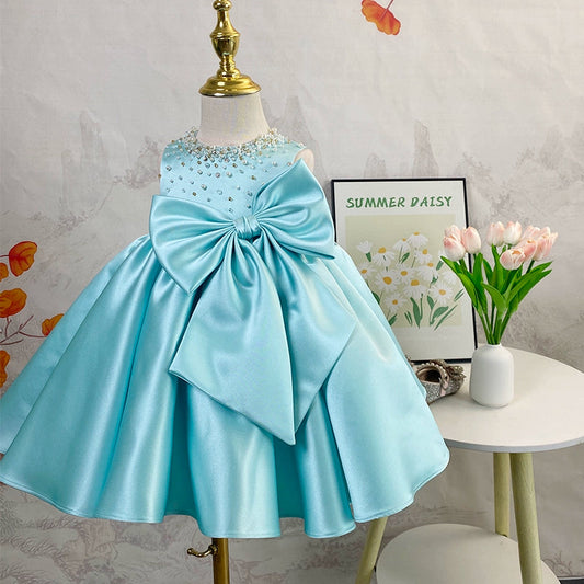 Blue Satin A-Line Flower Girl Dress with Beaded Bow Back