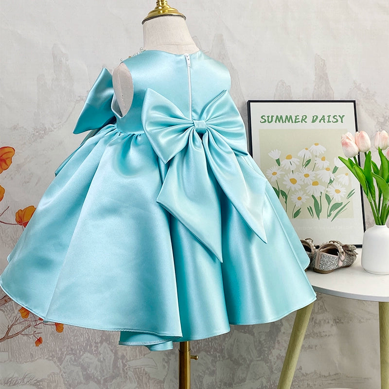 Blue Satin A-Line Flower Girl Dress with Beaded Bow Back