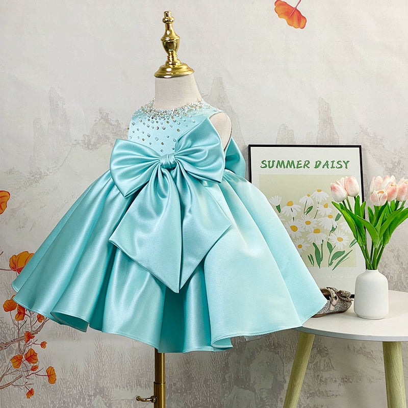 Blue Satin A-Line Flower Girl Dress with Beaded Bow Back