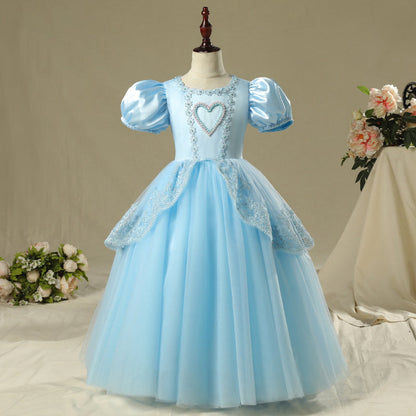 Blue Satin Lace Princess Flower Girl Dress Long Puff Sleeve