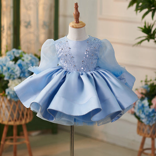 Blue Puffy Princess Dress for Girls – Satin Long Sleeve Party Gown