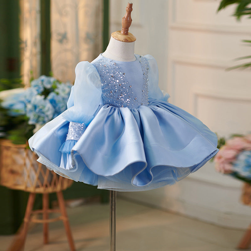 Blue Puffy Princess Dress for Girls – Satin Long Sleeve Party Gown