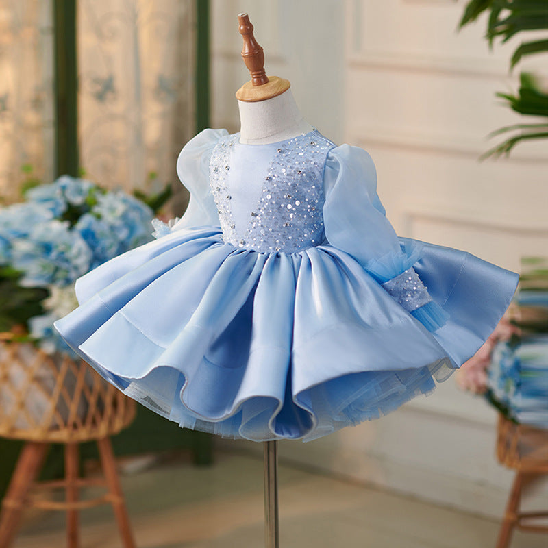 Blue Puffy Princess Dress for Girls – Satin Long Sleeve Party Gown