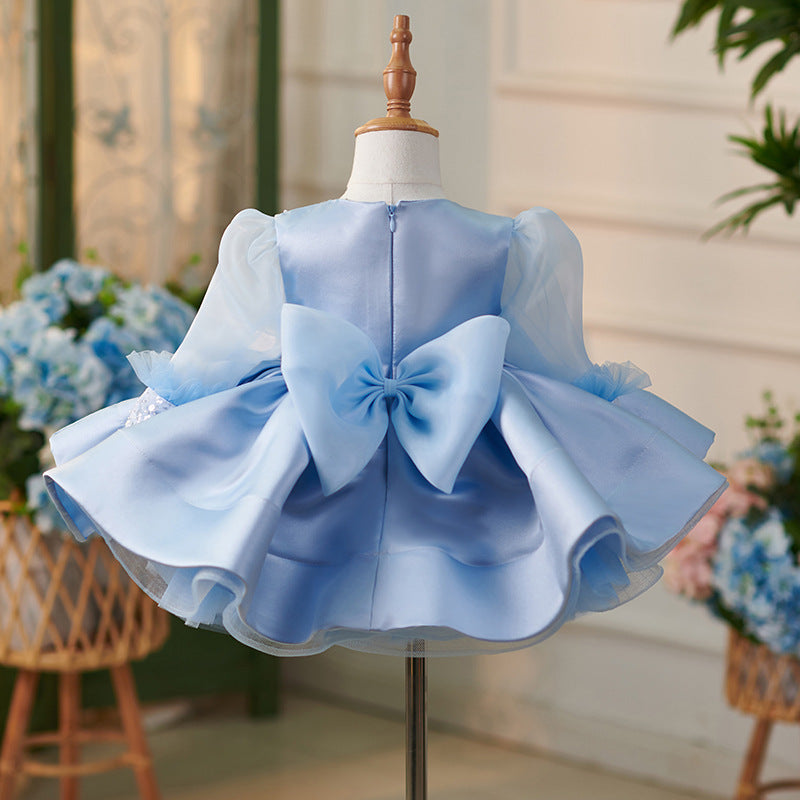 Blue Puffy Princess Dress for Girls – Satin Long Sleeve Party Gown