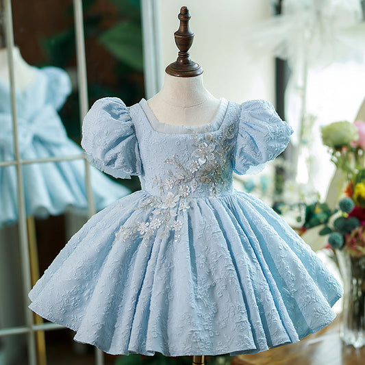 Blue Satin Princess Flower Girl Dress Lace Flower Square Neck