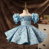 Blue Satin Princess Flower Girl Dress Puff Sleeve Flowers
