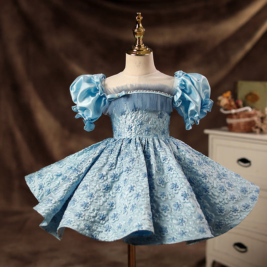 Blue Satin Princess Flower Girl Dress Puff Sleeve Flowers