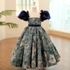 Blue Satin Princess Flower Girl Dress Short Puff Sleeves Flowers