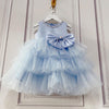 Blue Satin Tulle A-Line Flower Girl Dress Beaded Bow Tea