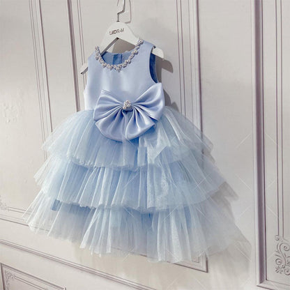 Blue Satin Tulle A-Line Flower Girl Dress Beaded Bow Tea
