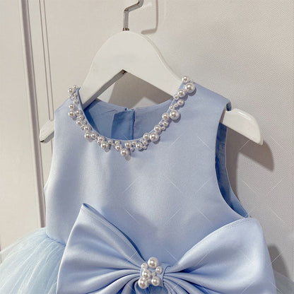 Blue Satin Tulle A-Line Flower Girl Dress Beaded Bow Tea