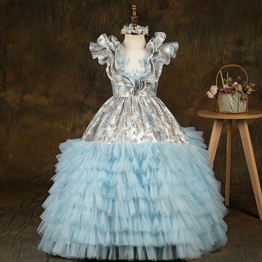 Blue Satin Tulle A-Line Flower Girl Dress Sleeveless Flowers