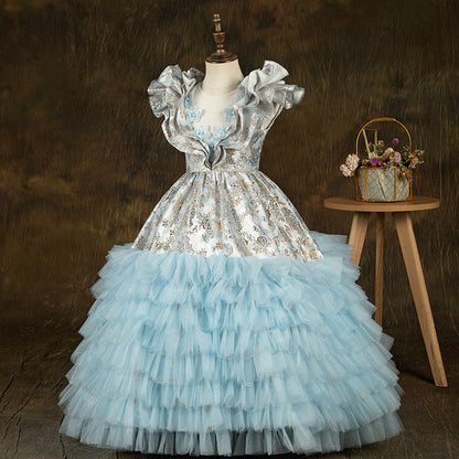 Blue Satin Tulle A-Line Flower Girl Dress Sleeveless Flowers