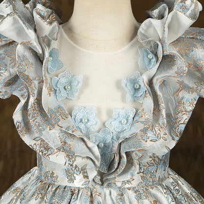 Blue Satin Tulle A-Line Flower Girl Dress Sleeveless Flowers