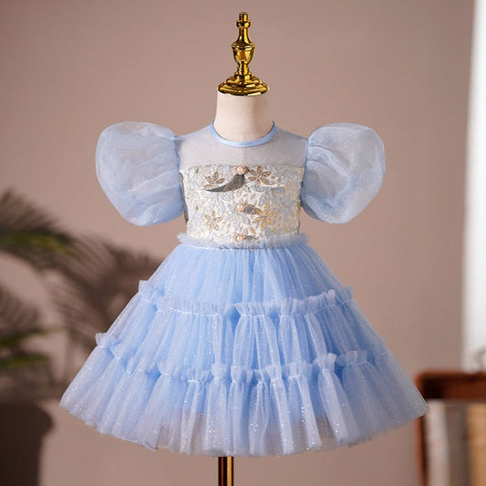 Blue Satin Tulle Princess Flower Girl Dress Pleated Puff Sleeve