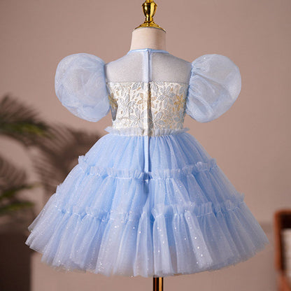Blue Satin Tulle Princess Flower Girl Dress Pleated Puff Sleeve