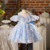 Blue Sequin A-Line Flower Girl Dress - Cold Shoulder, Floral Bows