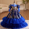 Blue Sequin A-Line Flower Girl Dress with Long Puff Sleeves