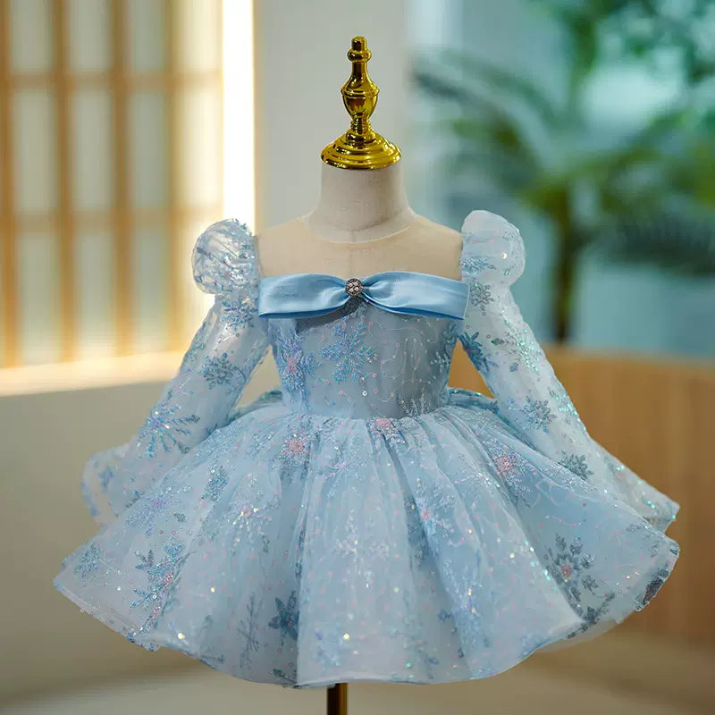 Blue Sequin A-Line Flower Girl Dress with Long Puff Sleeves