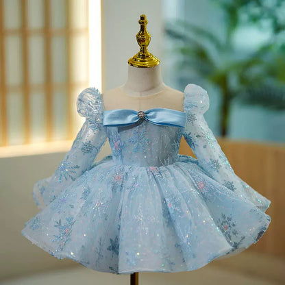 Blue Sequin A-Line Flower Girl Dress with Long Puff Sleeves