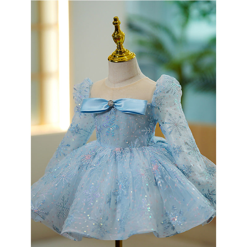 Blue Sequin A-Line Flower Girl Dress with Long Puff Sleeves