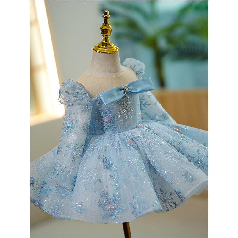 Blue Sequin A-Line Flower Girl Dress with Long Puff Sleeves