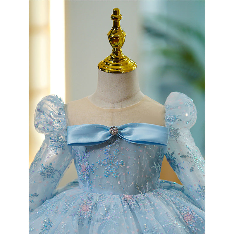 Blue Sequin A-Line Flower Girl Dress with Long Puff Sleeves