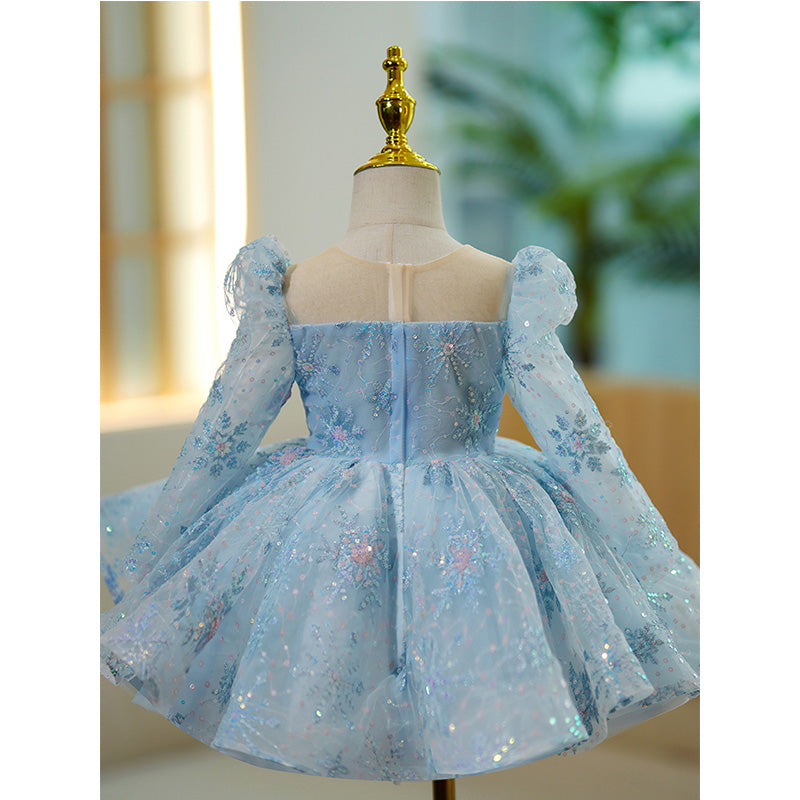 Blue Sequin A-Line Flower Girl Dress with Long Puff Sleeves
