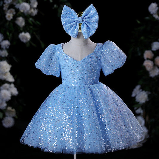 Blue Sequin A-Line Flower Girl Dress with Puff Sleeves