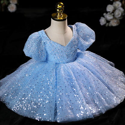 Blue Sequin A-Line Flower Girl Dress with Puff Sleeves