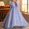 Blue Sequin Ball Gown Long Sleeve Mock Neck Girls Dress