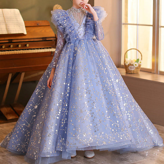 Blue Sequin Ball Gown for Girls – Long Sleeve Floor Length Princess Dress