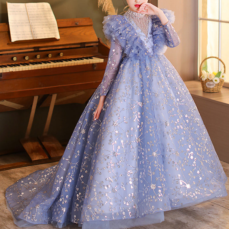 Blue Sequin Ball Gown for Girls – Long Sleeve Floor Length Princess Dress