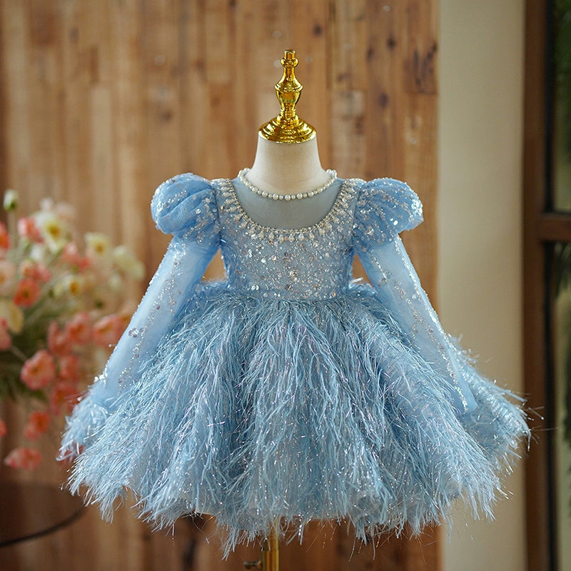 Blue Sequin Princess Dress with Beads & Fringe for Girls | Special Occasion & Party Wear